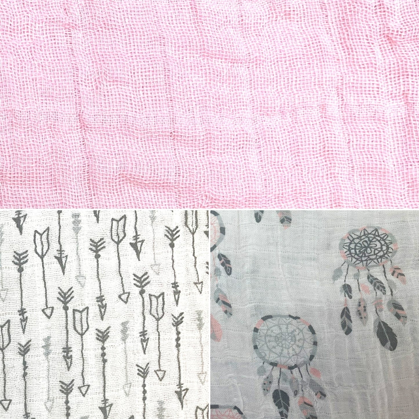 112cm wide dbl gauze Cotton Muslin Fabric. Sold per Full meter. Baby muslin square, winding bib, swaddle cloth. Dreamcatcher, arrows, pink