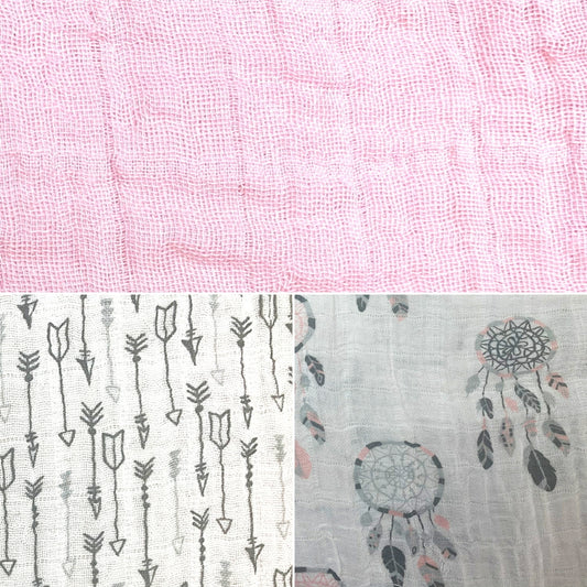 112cm wide dbl gauze Cotton Muslin Fabric. Sold per Full meter. Baby muslin square, winding bib, swaddle cloth. Dreamcatcher, arrows, pink