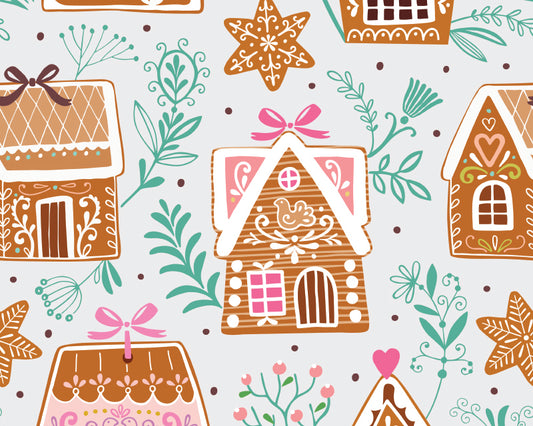 56" Wide Gingerbread House Christmas Jersey Print. Sold per HALF meter