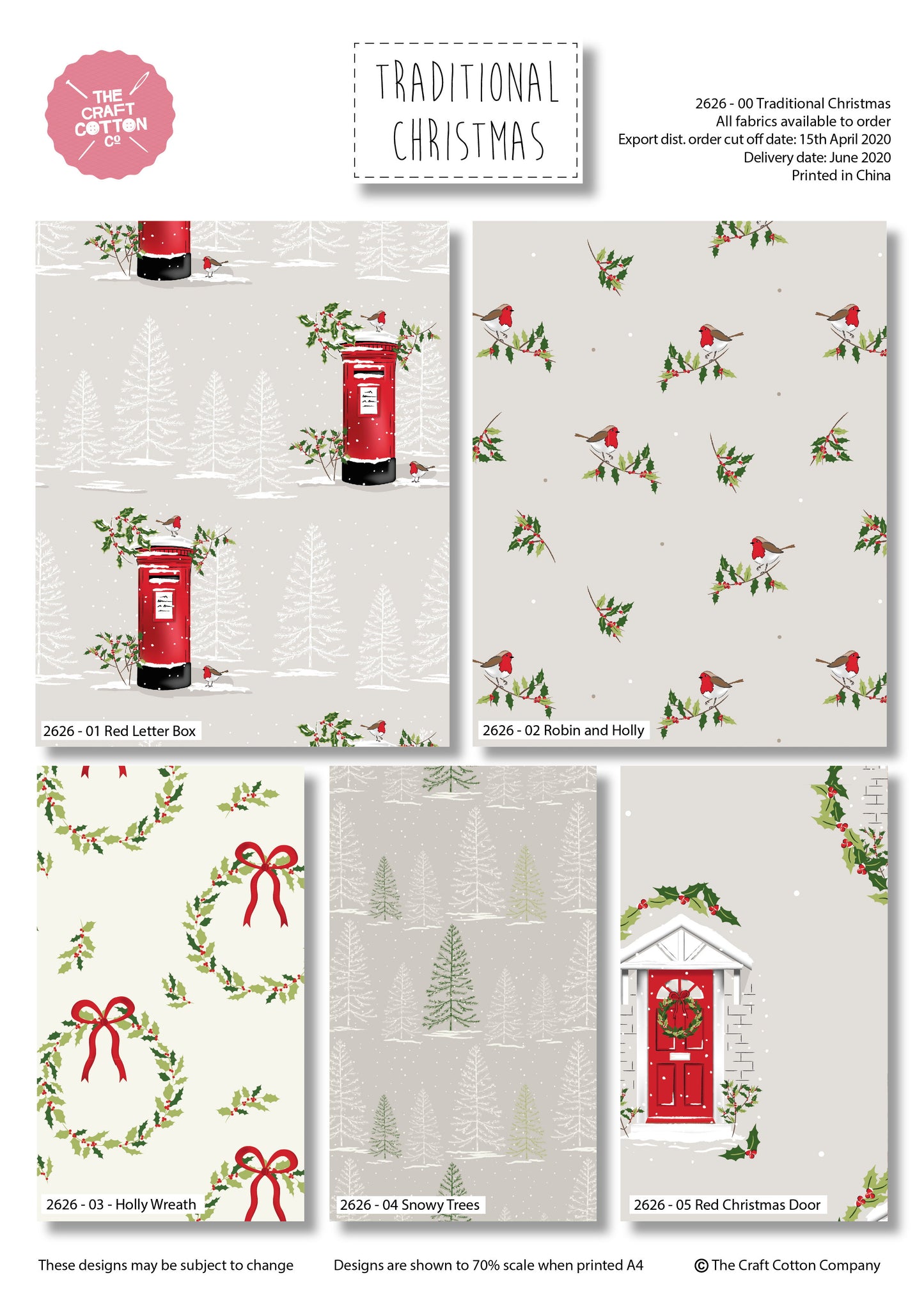 Traditional Christmas 5pc FQ Bundle 100% Cotton,  letter box, robin, doorway