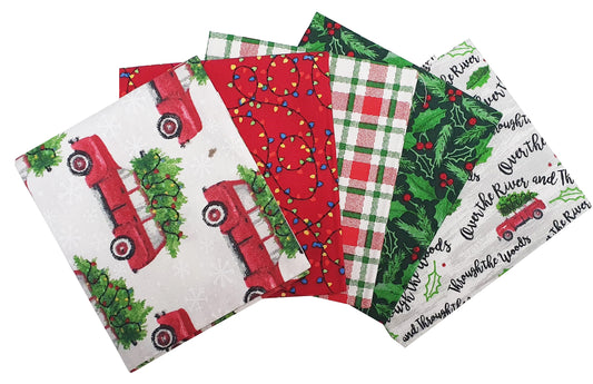 Driving home for Christmas 5pc FQ Bundle 100% Cotton,  christmas car, tree, fairy lights & holly