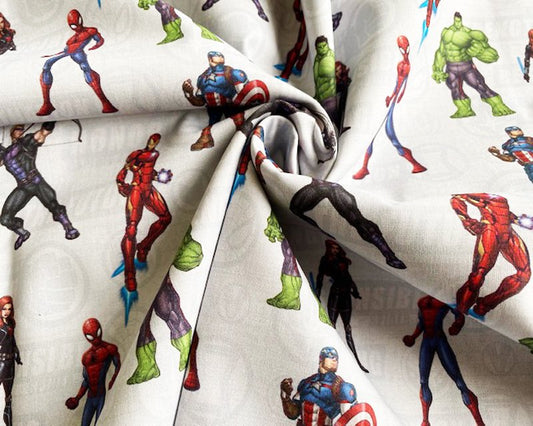 58" Wide Marvel Cotton Print. Sold per HALF meter. Hulk, spiderman, Black Widow, Iron Man, Captain America