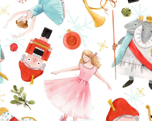 59" Wide Nutcracker & Ballerina Christmas Cotton or Jersey Print. Sold per HALF meter