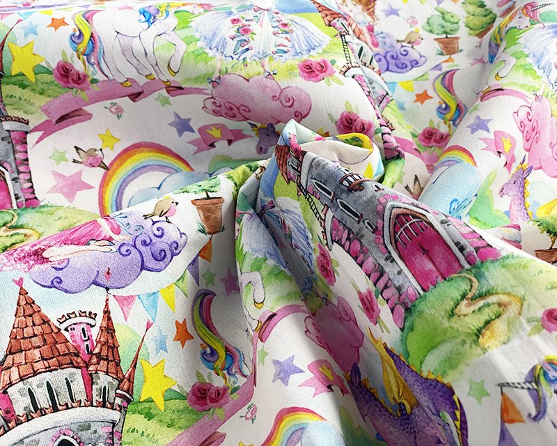 59" wide Cotton Print Fairytale Kingdom, Rainbow, Unicorn & Dragons Print  Sold per 0.5meter Girls Dress,Curtains,Cushions,Light upholstery