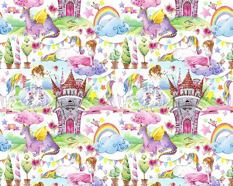 59" wide Cotton Print Fairytale Kingdom, Rainbow, Unicorn & Dragons Print  Sold per 0.5meter Girls Dress,Curtains,Cushions,Light upholstery