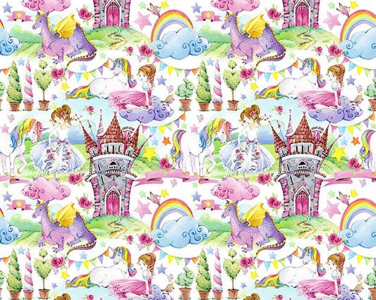 59" wide Cotton Print Fairytale Kingdom, Rainbow, Unicorn & Dragons Print  Sold per 0.5meter Girls Dress,Curtains,Cushions,Light upholstery