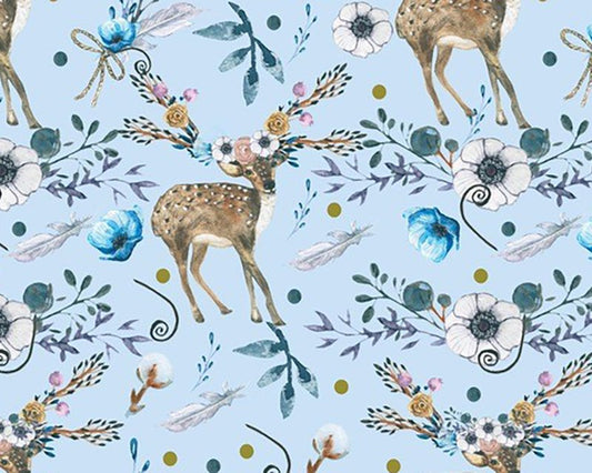 59" Wide Young Floral Deer Cotton Print. Sold per HALF meter. Blue